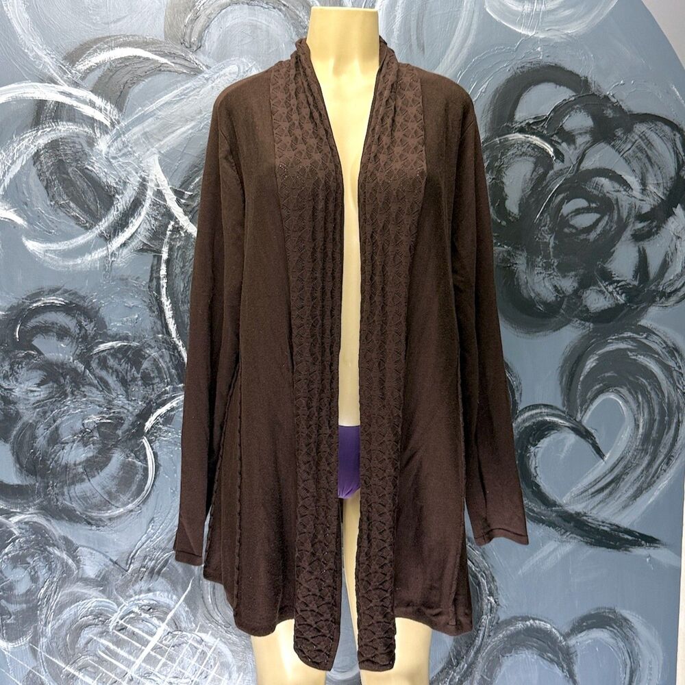Karen Scott Cardigan XL Chocolate Brown Open Front Longline